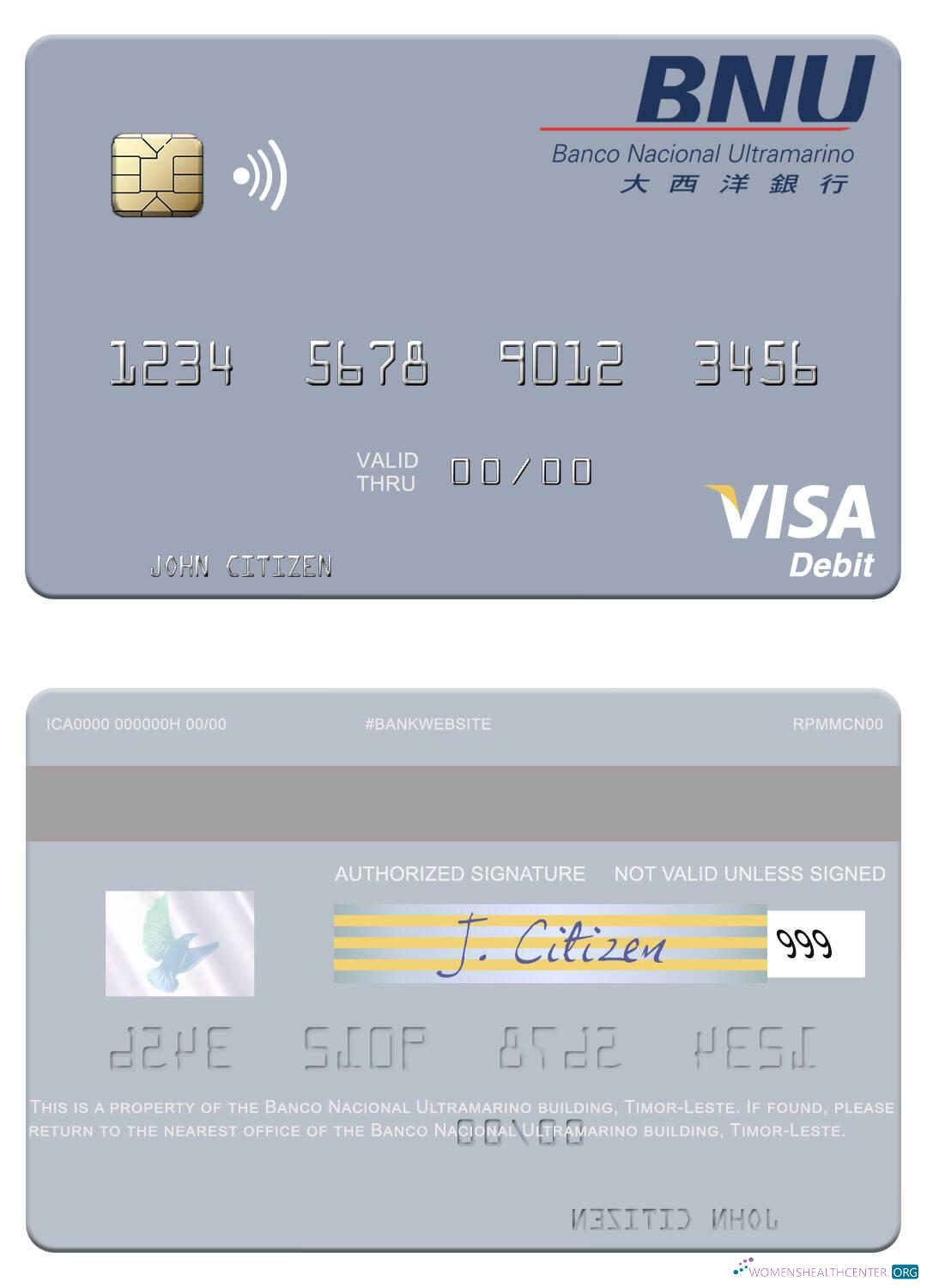 Download Timor Leste Banco Nacional Ultramarino building visa debit card Photoshop template